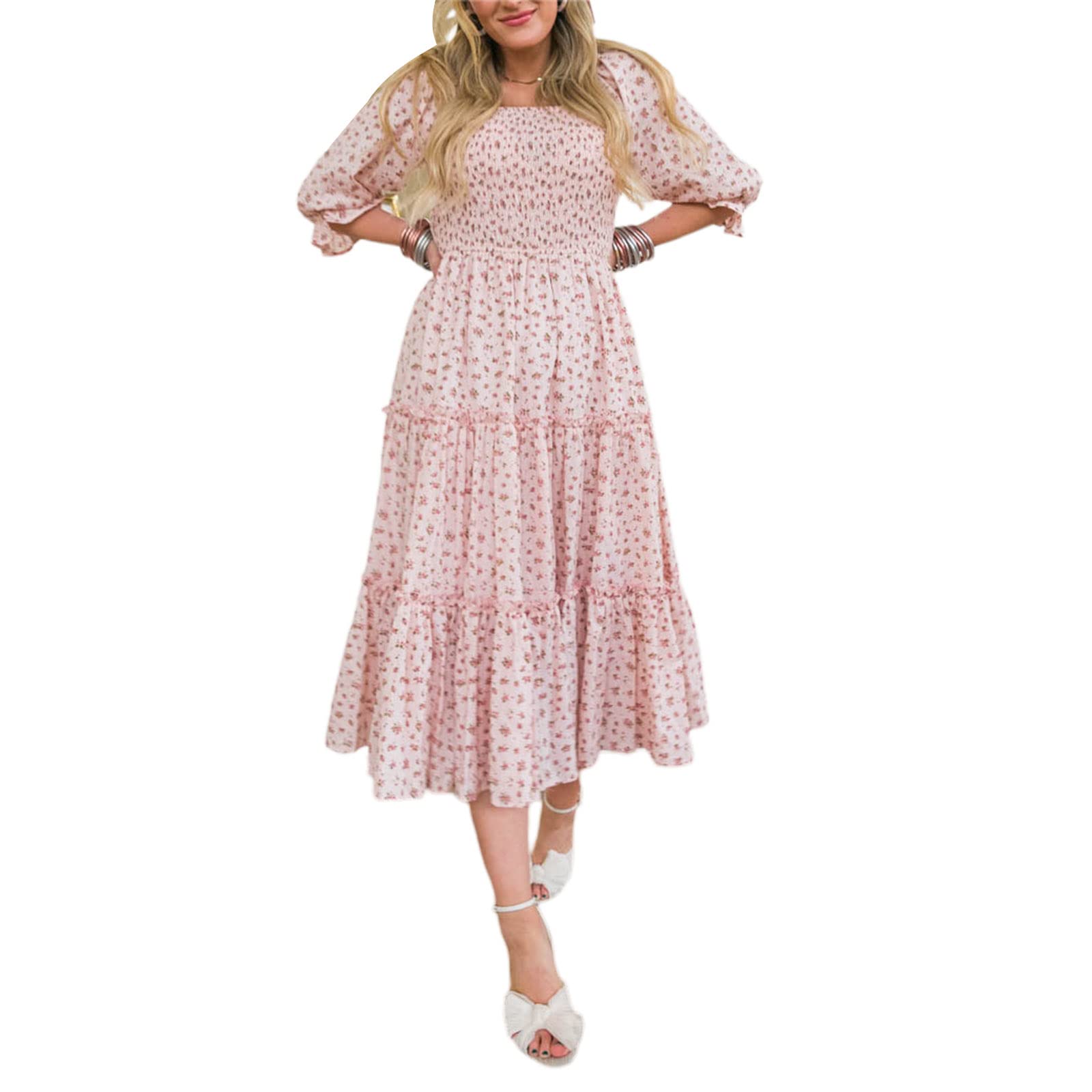 Mommy and Me Dress Matching Clothes Outfit Short Sleeve Romper Dress Floral Square Neck Maxi Dress for Mother and Daughter (Pink Mother, S)