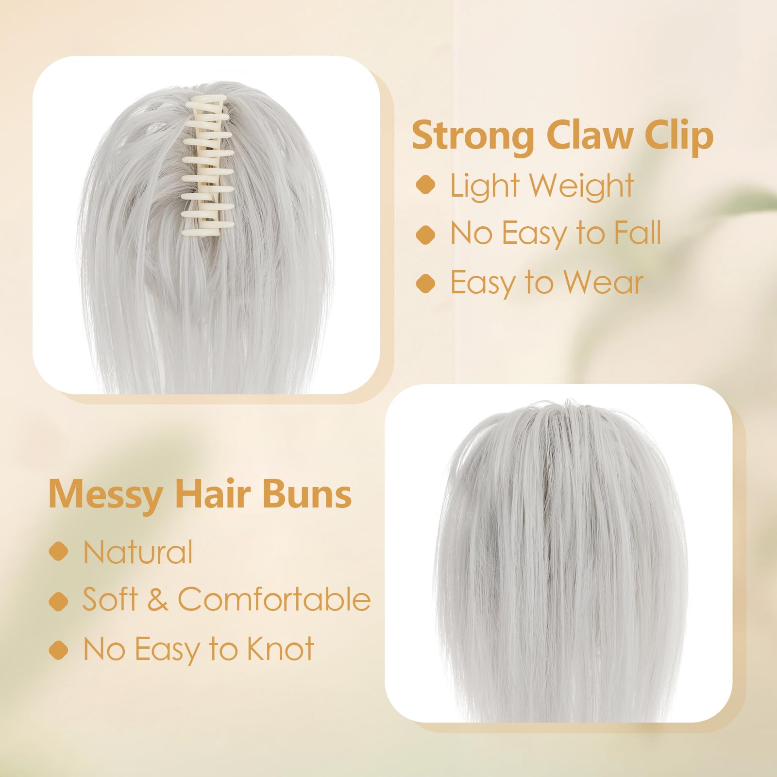 Benehair Silver Claw Clip - Messy Bun Hairpiece, Ponytail Hairpiece, Straight Hair Bun Clip, Extension (Silver, 60g) - Image 4