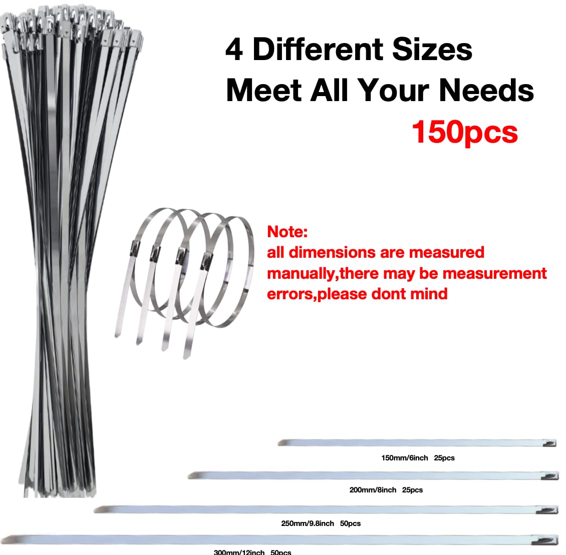 Goethe Garden Metal Cable Ties,150Pcs Stainless Steel Zip Ties,Stainless Steel Ties,Cable Ties Heavy Duty,4 Sizes of 300/250/200/150mm Metal Zip Ties,for Binding Tie,Garden Repair - Image 2
