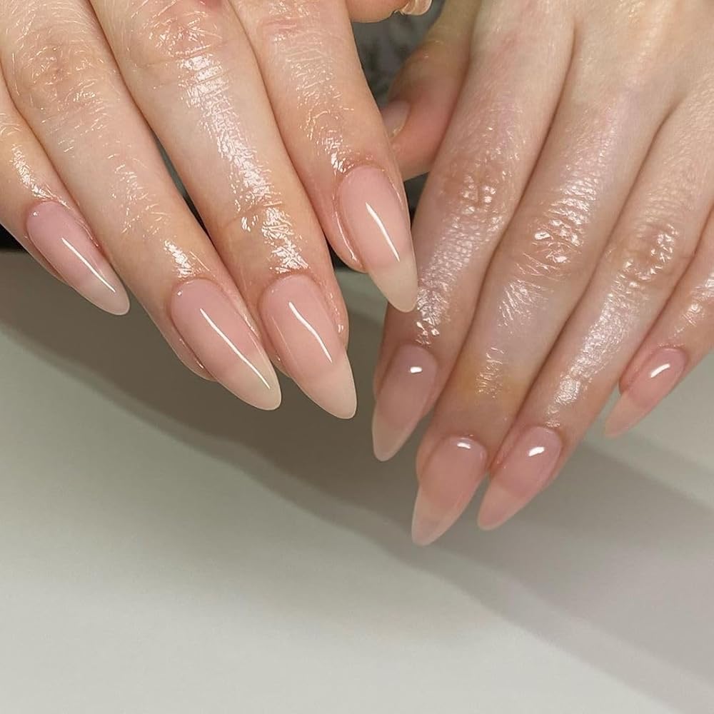 KQueenest Transparent Nude Pink Press on Nails Medium Almond,Clear Pure Color Stiletto Acrylic Nails,Medium Fake Nails Press ons for Women,Natural Glue on Nails for Women Manicure in 24 PCS