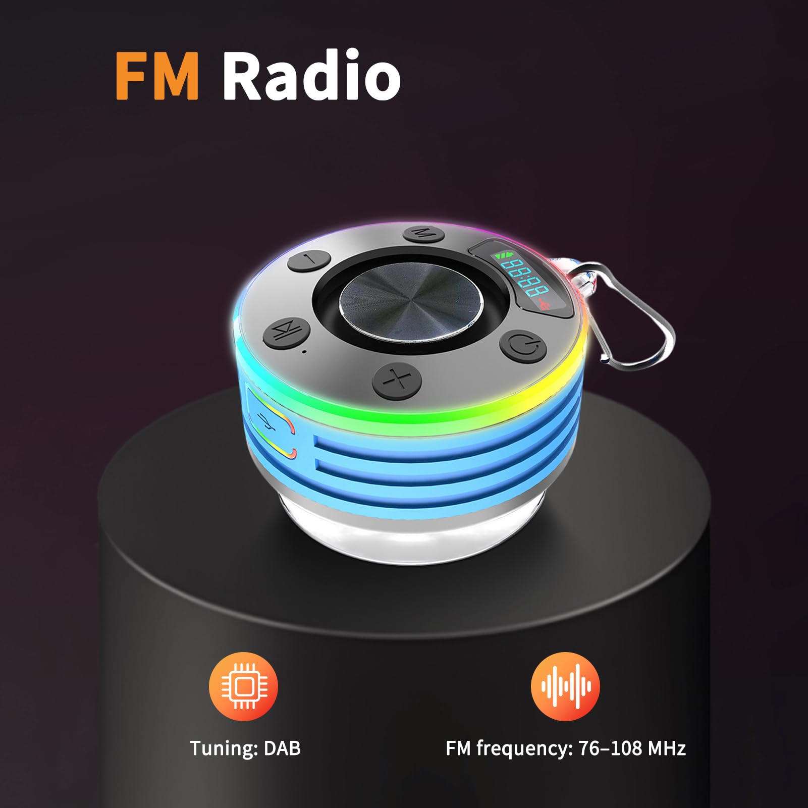 Enceinte Bluetooth Douche, 5.3 FM Radio de Douche Portable avec avec HD Mic, 360° stéréo, Lumière LED, avec Ventouse, Étanche IP7 pour Salle de Bain,Extérieur (Bleu)
