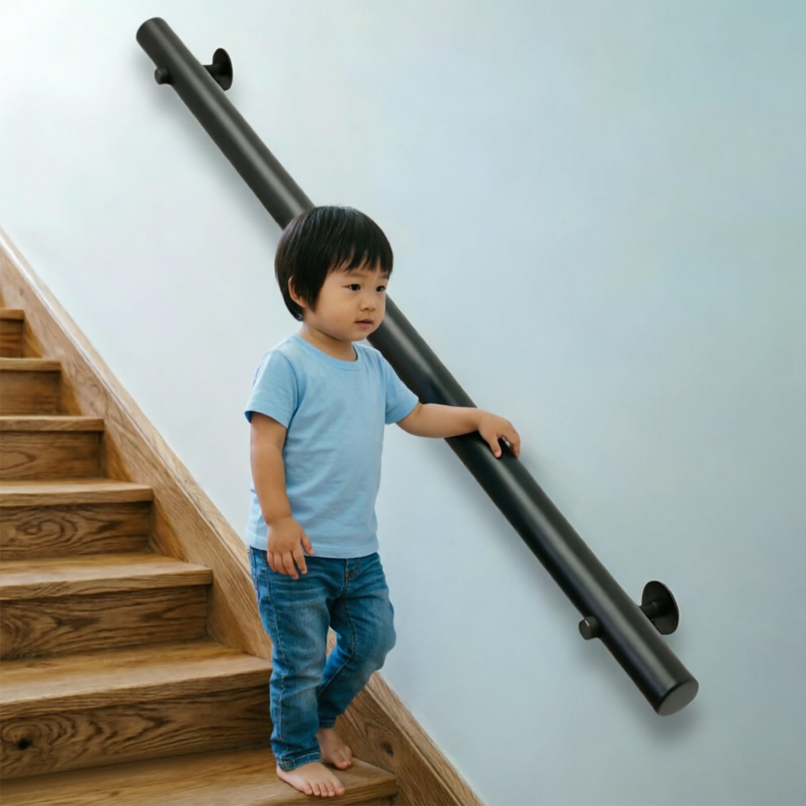 DMCHENGMA Round Wood Handrail - Railing for Stairs Indoor Steps | Black Staircase Banister Stairs Rail Corridor Support Handle(11.5ft/350cm)