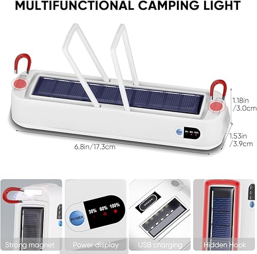 Miniatura 5 de NAKCNM Linterna solar de campamento, linternas LED recargables de 5 modos, luz de campamento con imán y gancho de 5000 mAh, luz de campamento