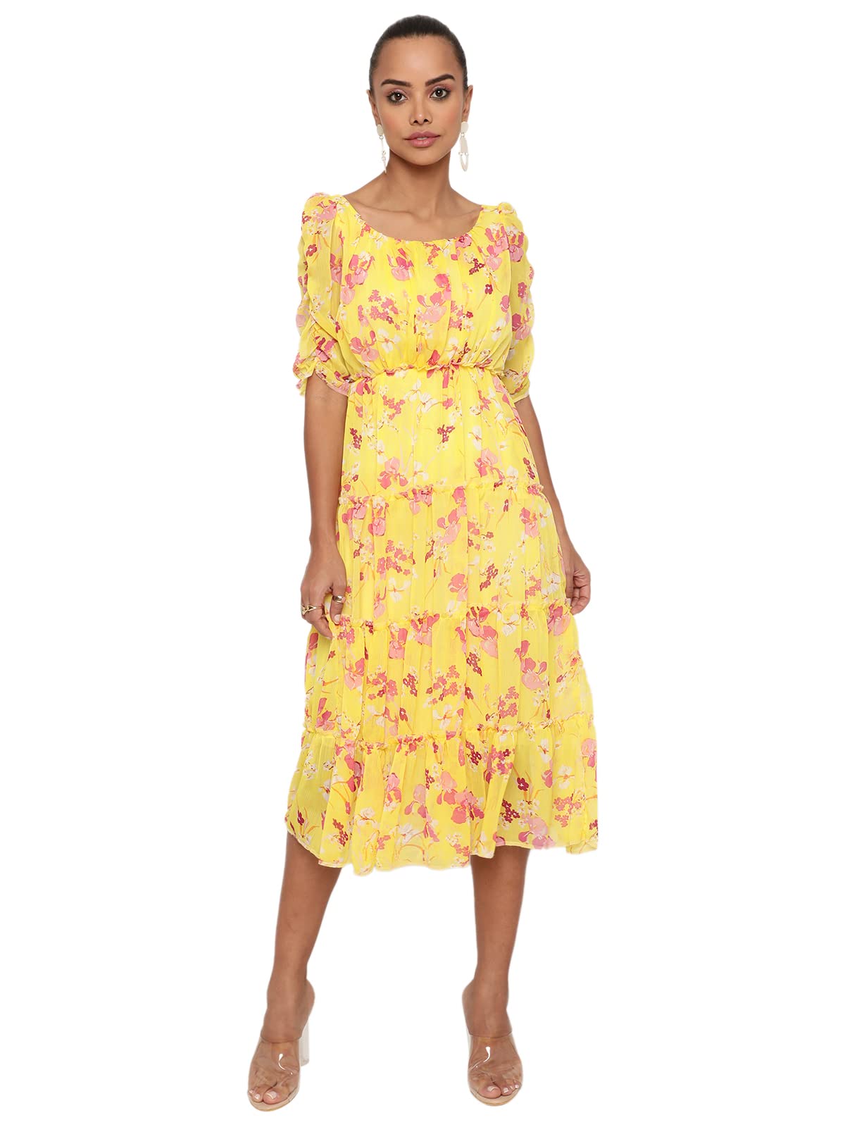Shasmi Women's Yellow Chiffon Solid Floral Sweetheart Neck A-Line Dress For Women (Dress 60 Yellow Xxl)