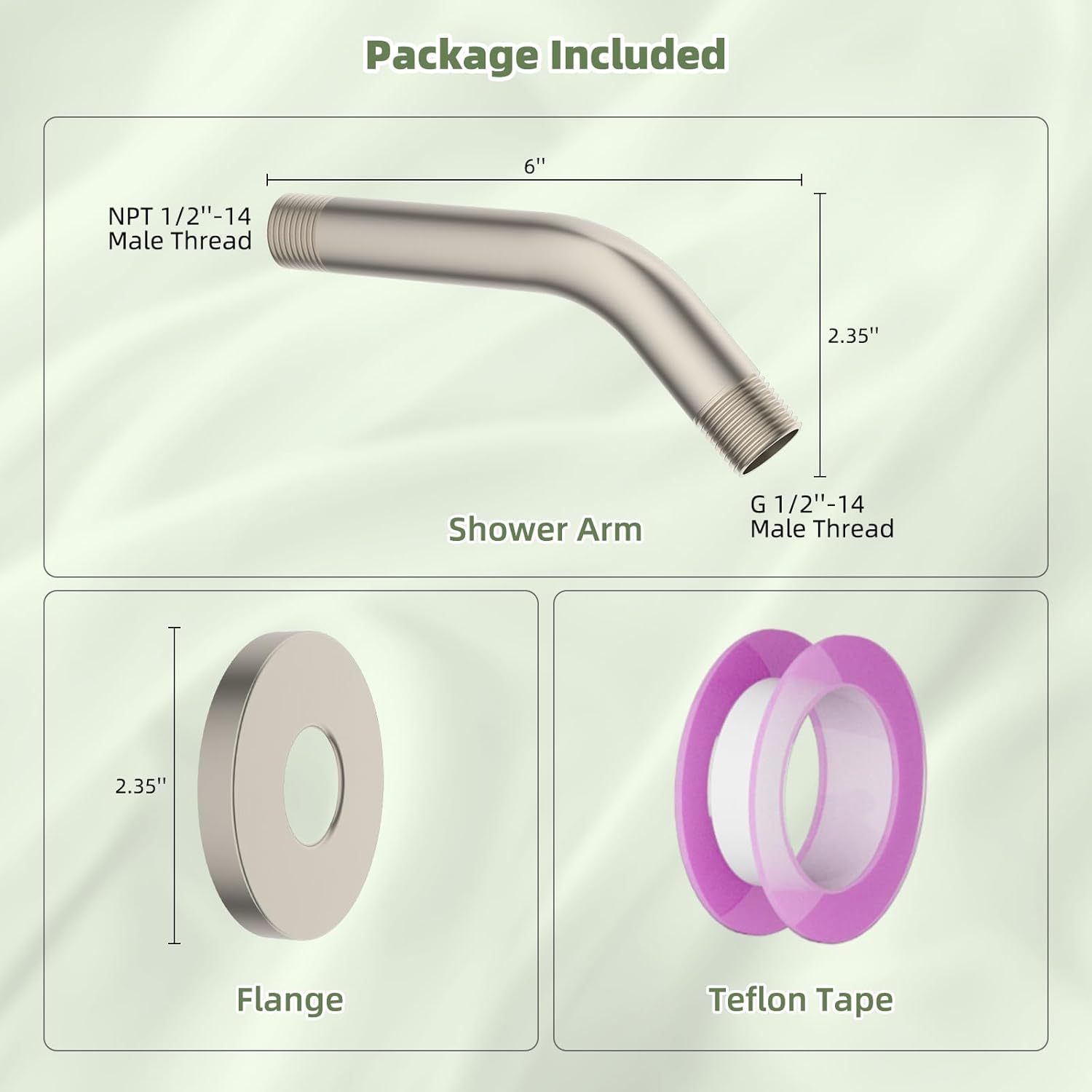 Hibbent 6 Inch Shower Arm with Flange, Solid Brass Shower Head Extension, Pipe Arm Extender, Wall-Mounted Shower Water Outlet Tube with Teflon Tape for Fixed Bathroom Shower Head, Brushed Nickel