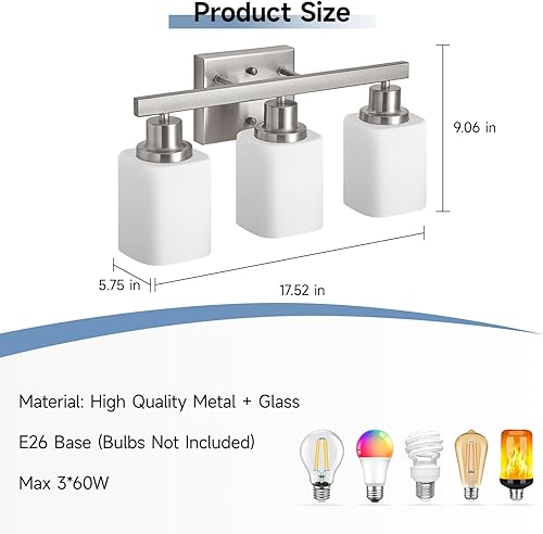 Miniatura 3 de Lámpara de tocador de baño de 3 luces, luces de tocador de níquel cepillado con vidrio esmerilado cuadrado, lámparas modernas de pared de baño sobre