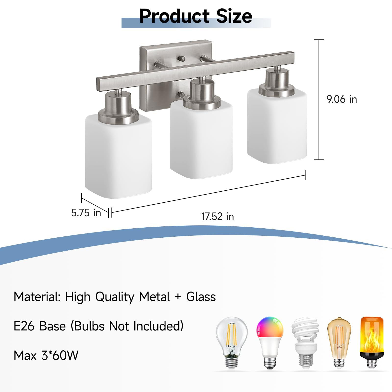 3-Light Bathroom Vanity Light Brushed Nickel Vanity Lights with Square Frosted Glass Modern Bathroom Wall Lights Fixtures Over — view 3