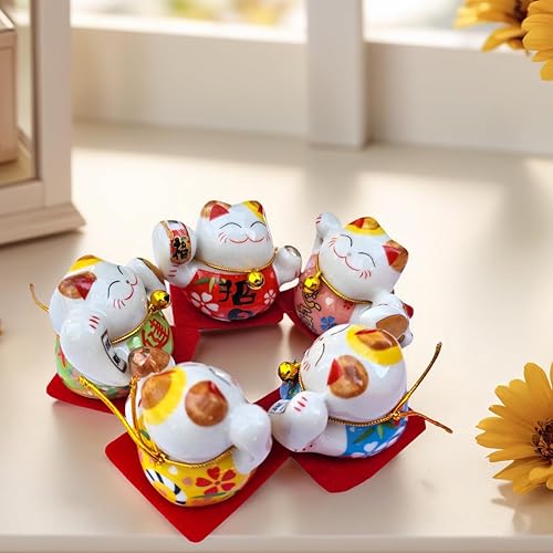 Miniatura 6 de Lucky Statue - Juego de figuras de cerámica china de gato, 5 mini gatos de la fortuna, adorno de escritorio pequeño, colección de ideas asiáticas