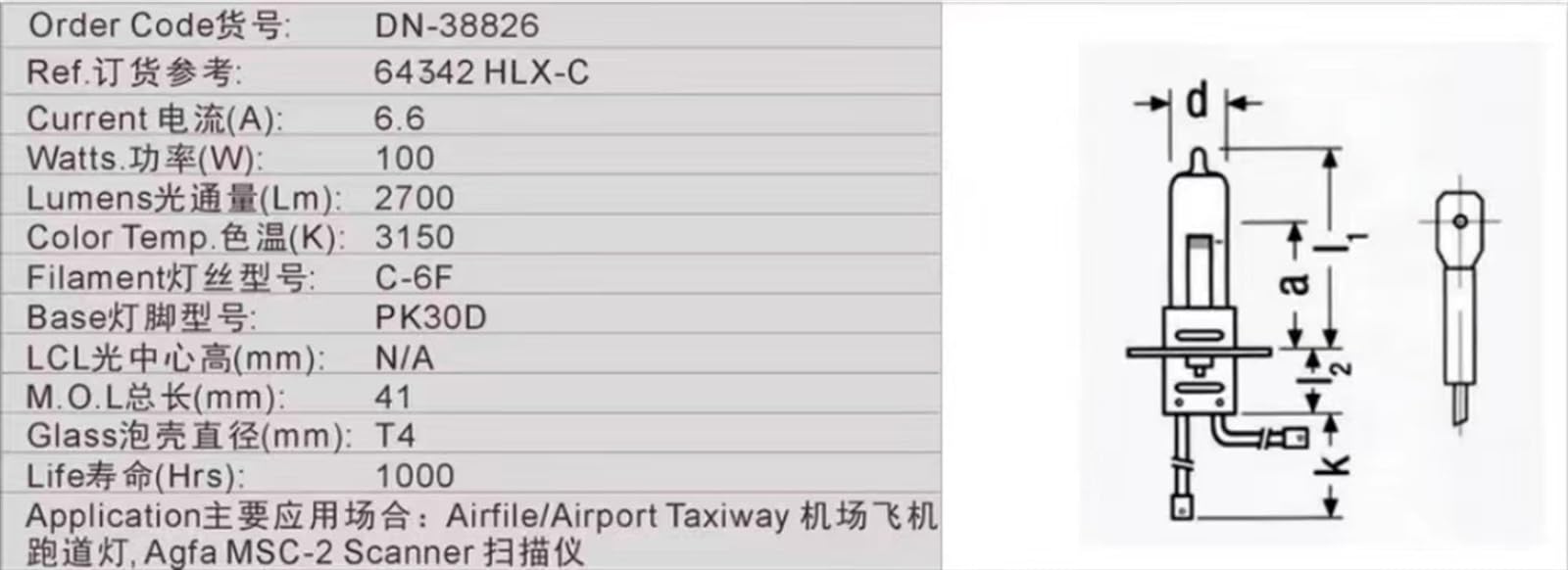 DN-38826 64342 hlx-c 6.6A 100W 64342hlx 6.6A100W PK30d Light Bulb Airport Airport Aircraft Lighting scanning Light (Color : 2 Pieces)