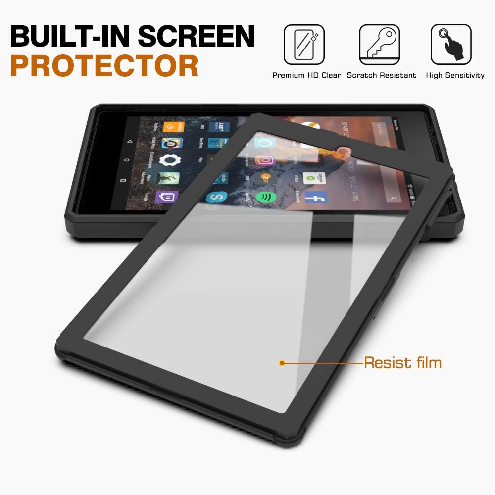 MoKo Case Fits Kindle Fire 7 Tablet (9th Generation, 2019 Release), Anti-Slip Dual-Layer Full Body Rugged Hands-Free Viewing Stand Back Cover with Screen Protector - Black