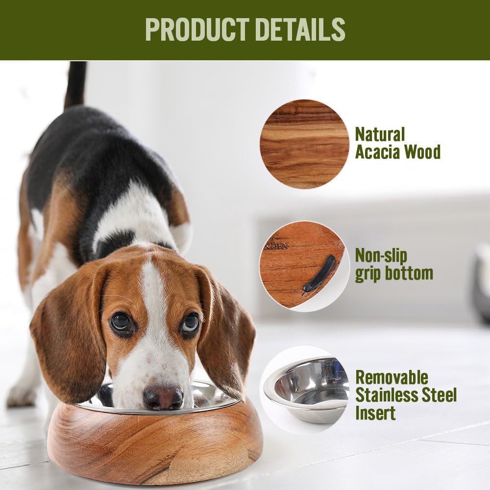Selly's Den Cuenco de madera para el vientre con inserto de acero inoxidable, rústico, antideslizante, duradero, resistente a la corrosión, plato de comida y agua para mascotas, base de goma sin BPA