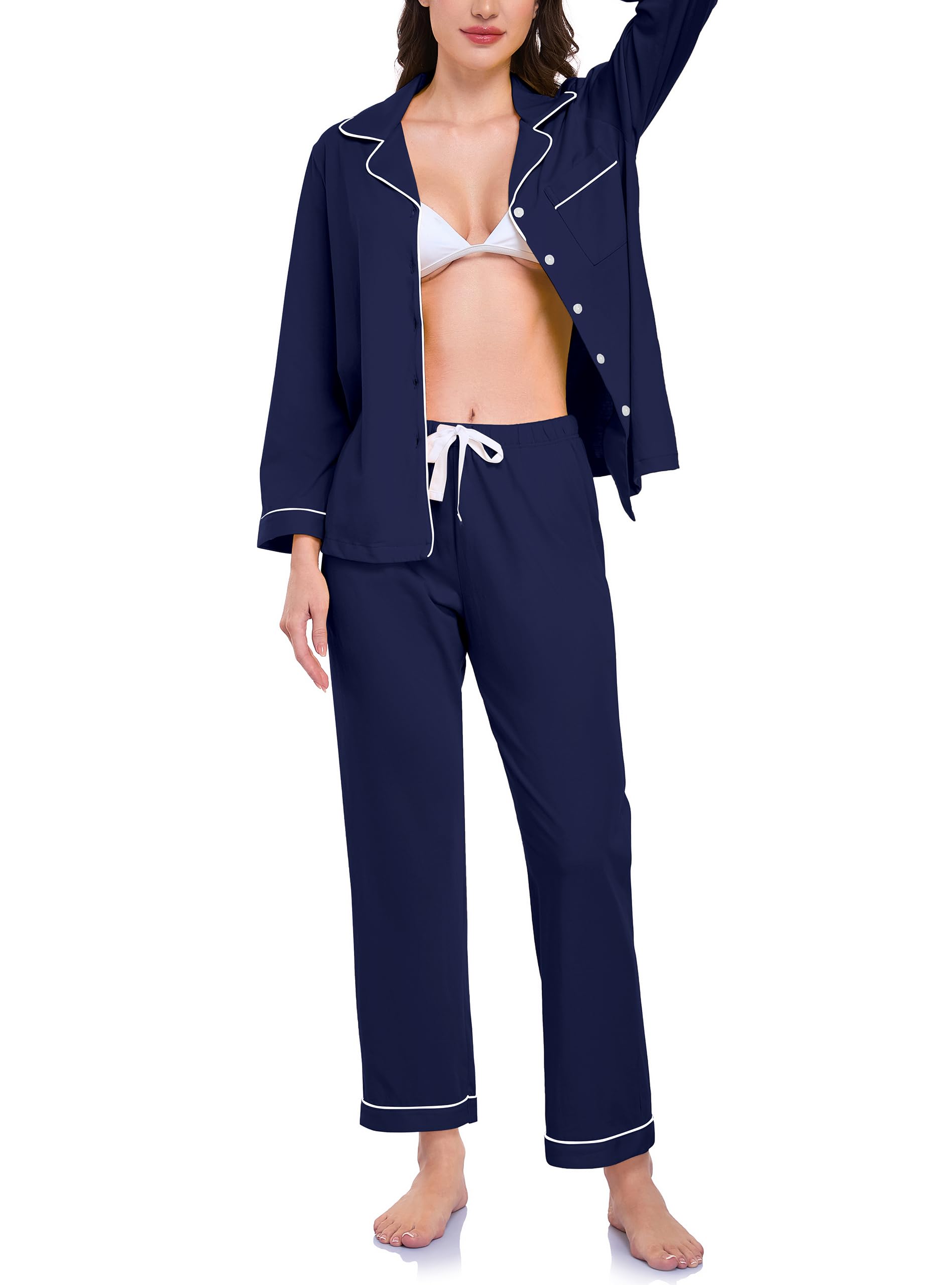 EA'S SECRET Conjunto de pijama para mujer, 100 % algodón, camisa y pantalones de manga larga suave, ropa de dormir con botones