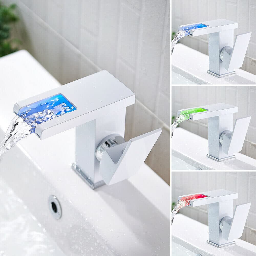 Grifo de agua caliente y fría, grifo LED para baño, grifo para lavabo, grifo de latón para cocina y baño (blanco)