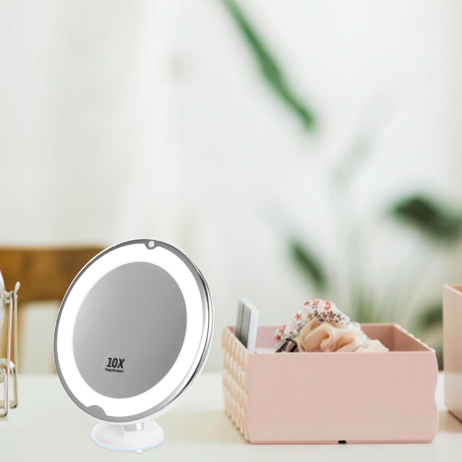 POPETPOP Espejo de Maquillaje LED Luz 10X Aumento Espejo Giratorio 360° Ventosa para Tocador Portátil para Maquillaje y Cuidado Personal