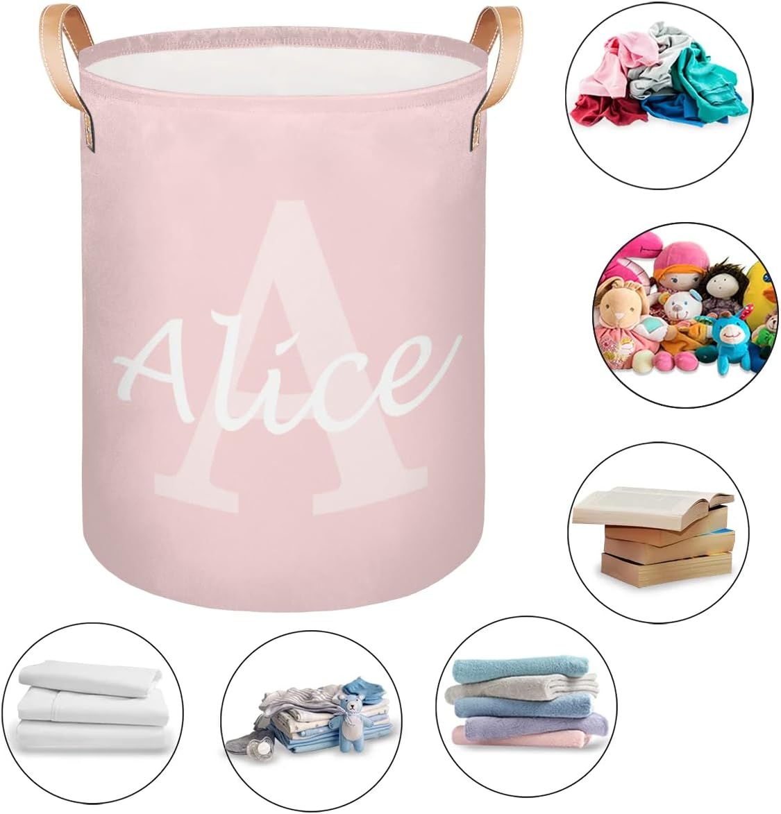 Custom Laundry Basket with Name Capital, Personalized Baby Foldable Storage Hamper for Bedroom Bathroom, Round Storage Hamper with Handle for Men Women Pink