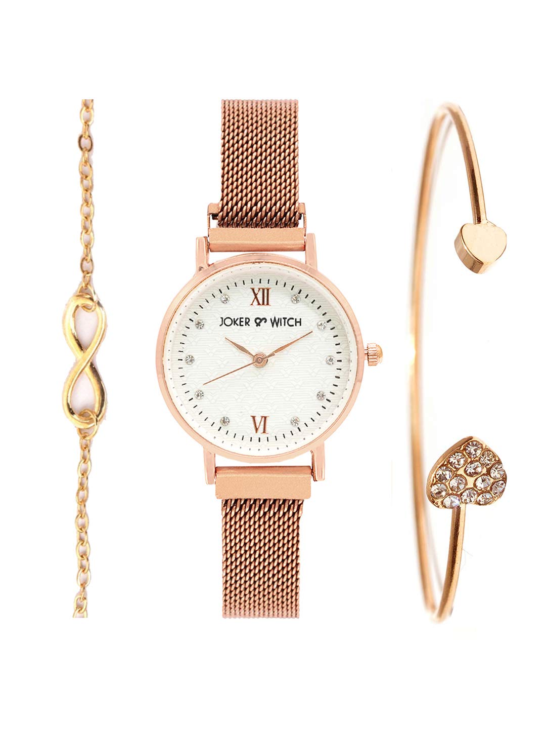 Stainless Steel Gypsy Rosegold Analogue Watch Bracelet Set For Women, White Dial, Rose Gold Band-image-14