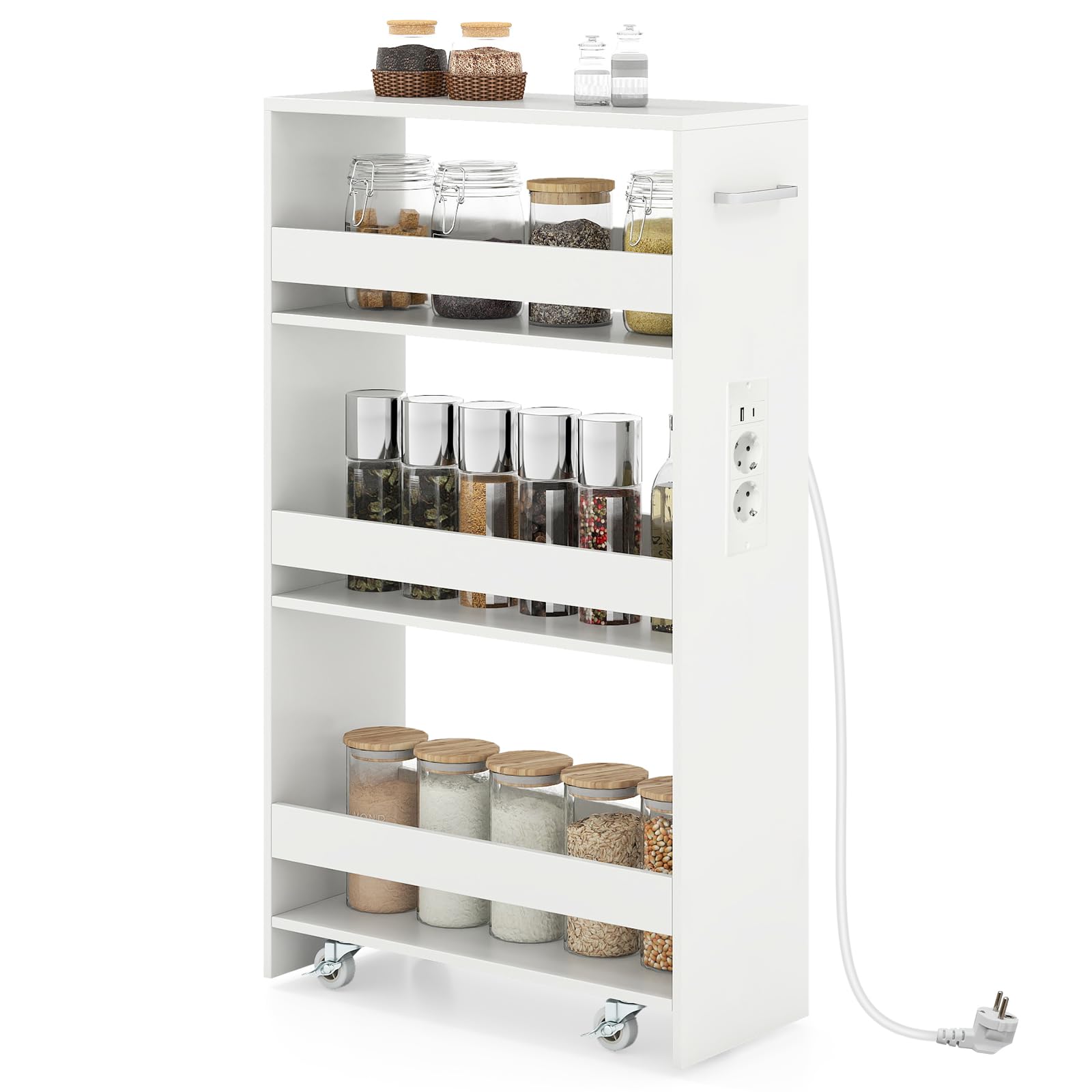 Giantex Carrito Auxiliar 4 Niveles, Carro de Almacenamiento Estrecho con 4 Estantes, Ruedas y Asa, Carro de Servicio Compacto para Cocina, Baño, Salón (Blanco, con Enchufes, 47,5x20x80,5 cm)