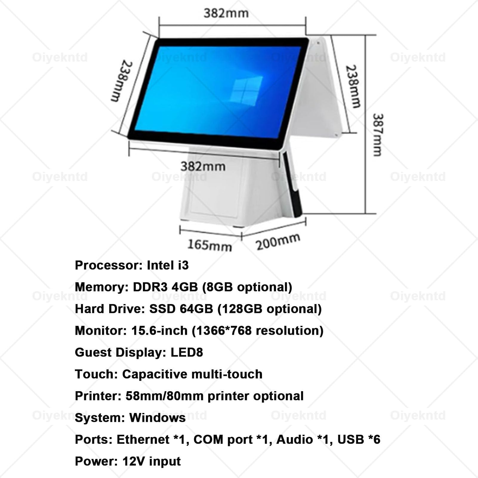 Registratore di cassa POS per piccole imprese, registratore di cassa multifunzione con doppio schermo touch da 15,6", stampante termica integrata da 58/80 mm, registratore SingleScreen-4G64G80mm