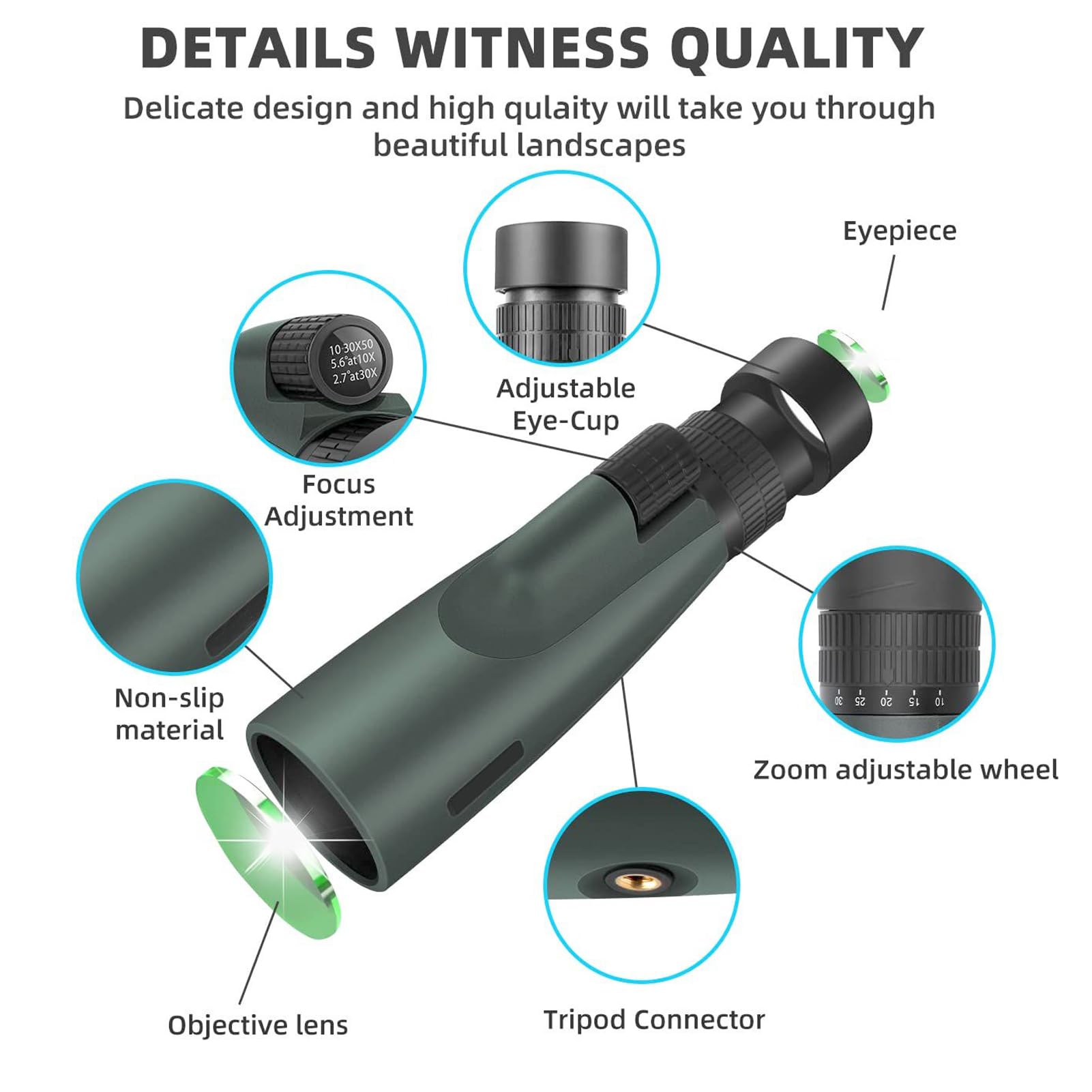 Télescope monoculaire zoom 10-30 x 50 pour adultes – Monoculaire HD haute puissance avec trépied et adaptateur, armure en caoutchouc, monoculaire à grand objectif étanche – pour opéra, observation des