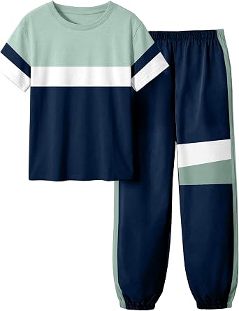 Boys Clothes Color Block T-Shirt and Pants Set Casual Spring Summer Clothes for Kids 4-10 Years