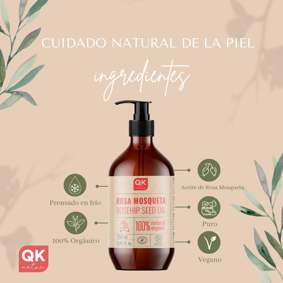 QKnatur - Aceite de Rosa Mosqueta Orgánico - 250 ml - para Cicatrices y Estrías - Para cara y cuerpo - Antiarrugas y Antiedad- BIO y Vegano - Prensado en Frío