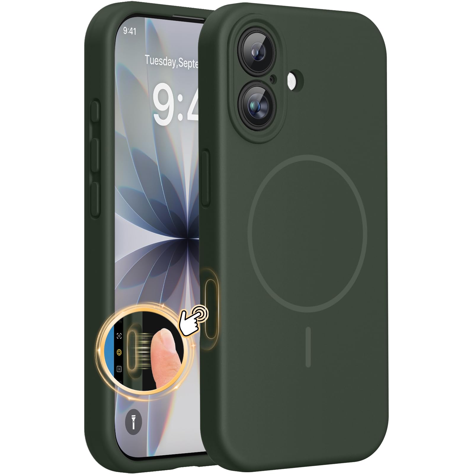 Miracase Magnetic für iPhone 17 Hülle, Kompatibel mit MagSafe, integrierter Silikon-Kamerasteuerungsschutz, 3,0 mm verdickter stoßfester Fallschutz für 17, Dunkelgrün