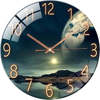 Glass Wall Clock 30 cm Silent Non-Ticking Decorative Round Wall Clock for Living Room Kitchen Bedroom Hallway Office Sea Wonder
