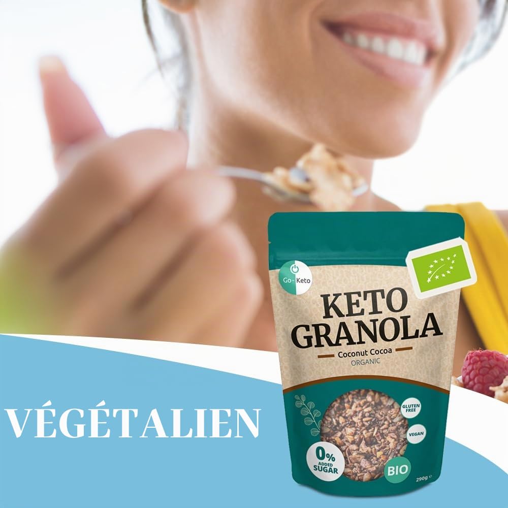 Go-Keto BIO Keto Granola Coconut Cocoa 6x 290g - Muesli Keto pour un petit déjeuner Keto, avec chips de noix de coco, noix, graines de tournesol & pépins de courge, végétalien, sans gluten