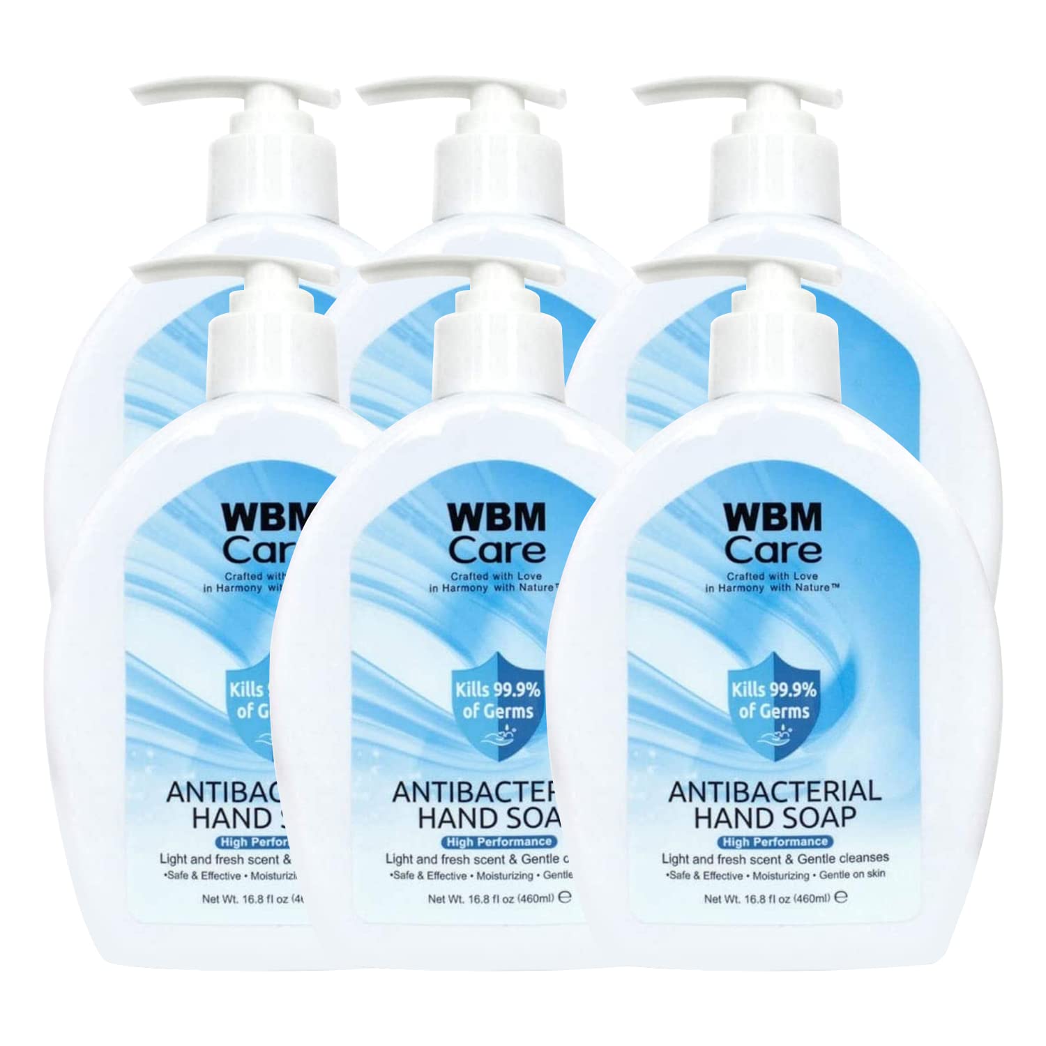 WBM Care Hand Soap 16.8 fl oz/Each, Crafted with Love in Harmony with Nature, Effective Cleanser with Light & Fresh Scent, Liquid Hand Soap- Pack of 6