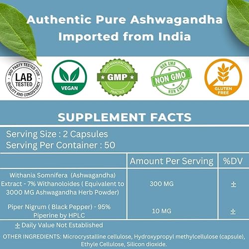 Miniatura 5 de Ashwagandha Suplemento orgánico extra fuerte con pimienta negra para apoyar el estrés y el estado de ánimo, extracto energético de 300 mg (hierba