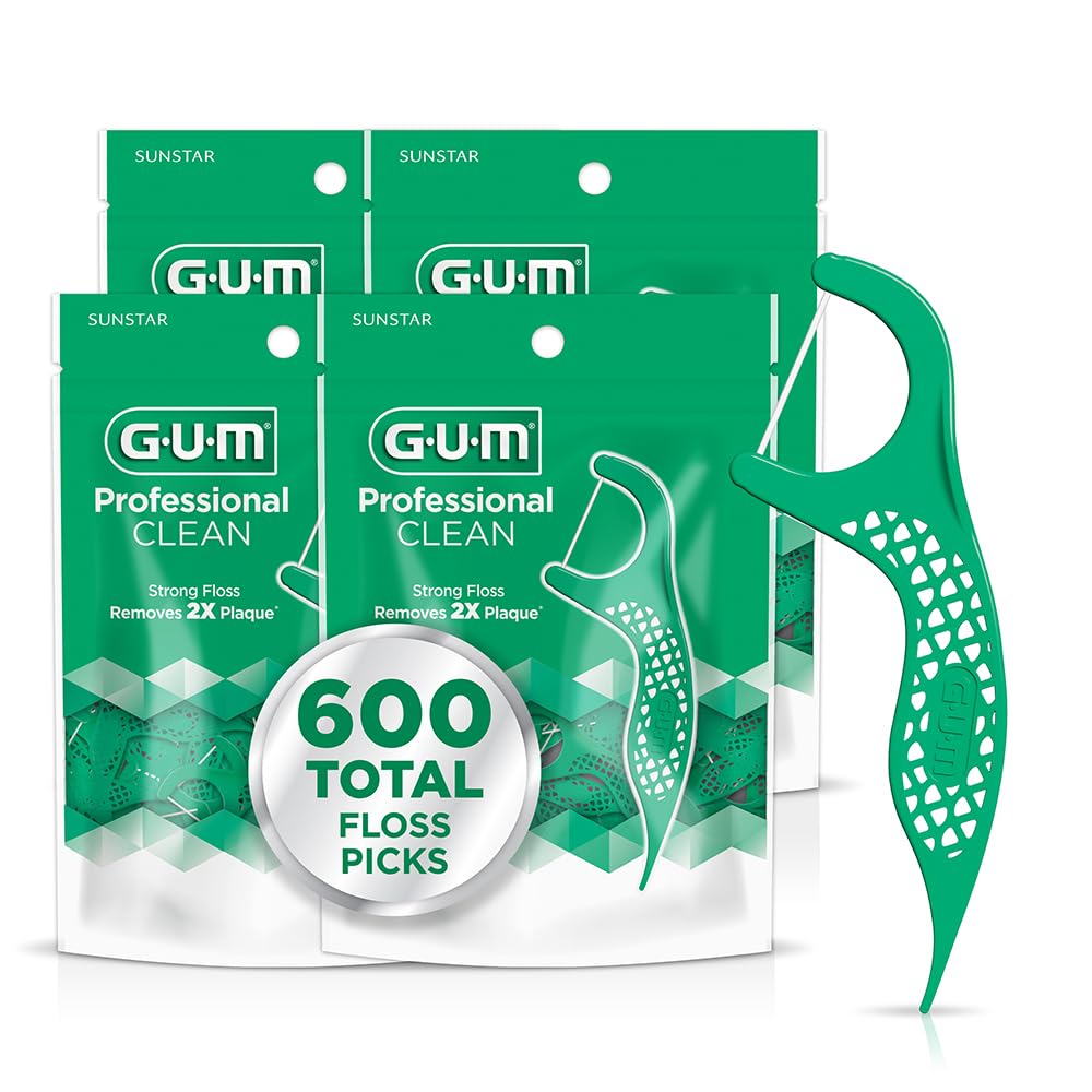 GUM Professional Clean Floss Picks - Extra Strong Shred-Resistant Floss, Easy Grip Handle - Dental Flossers for Adults - Fresh Mint Flavor, 150 Count (Pack of 4) 600 Total