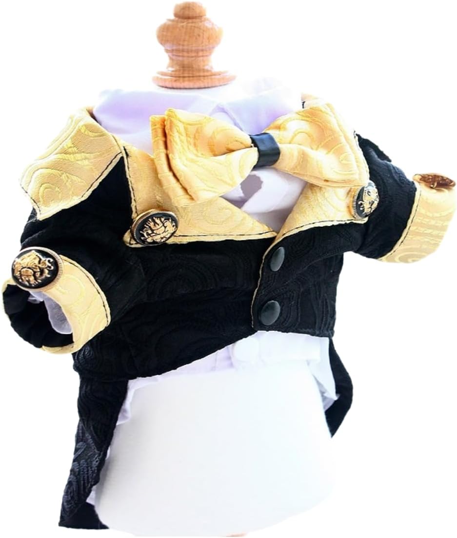 Handmade Luxury Dog Tuxedo with Gold Brocade Bow Tie Formal Pet Suit Jacket for Small Dogs Wedding Party Outfit Elegant Puppy Costume Clothing