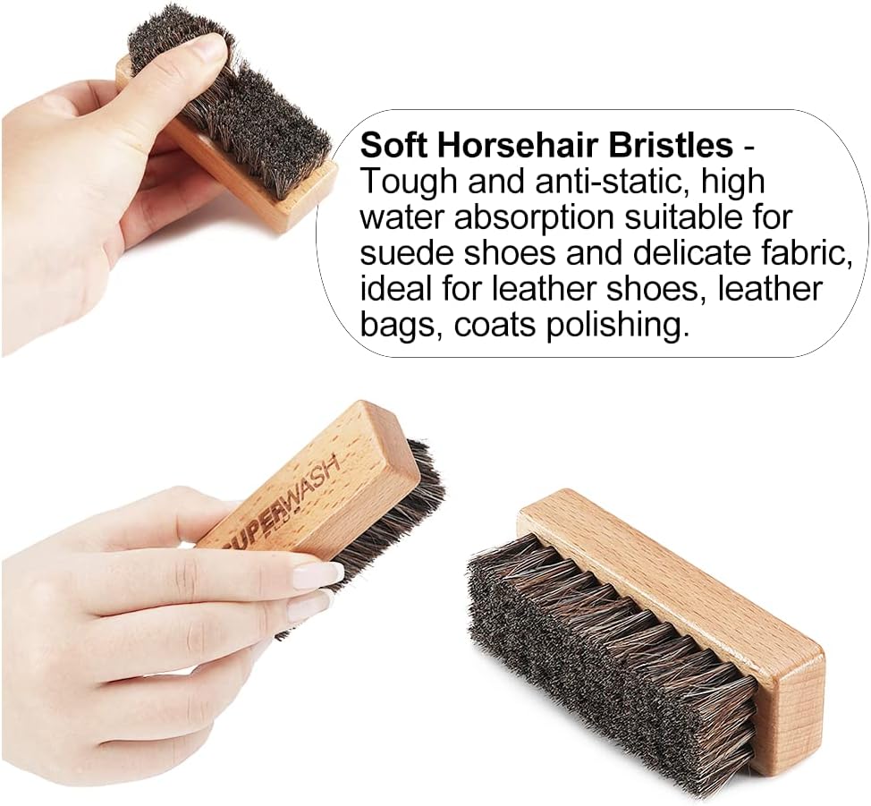Shoe Brush for Cleaning, Horsehair Bristles Wooden Shine Shoe Brush Cleans Leather, Suede, Nubuck and Delicate Textiles - 3 Pack
