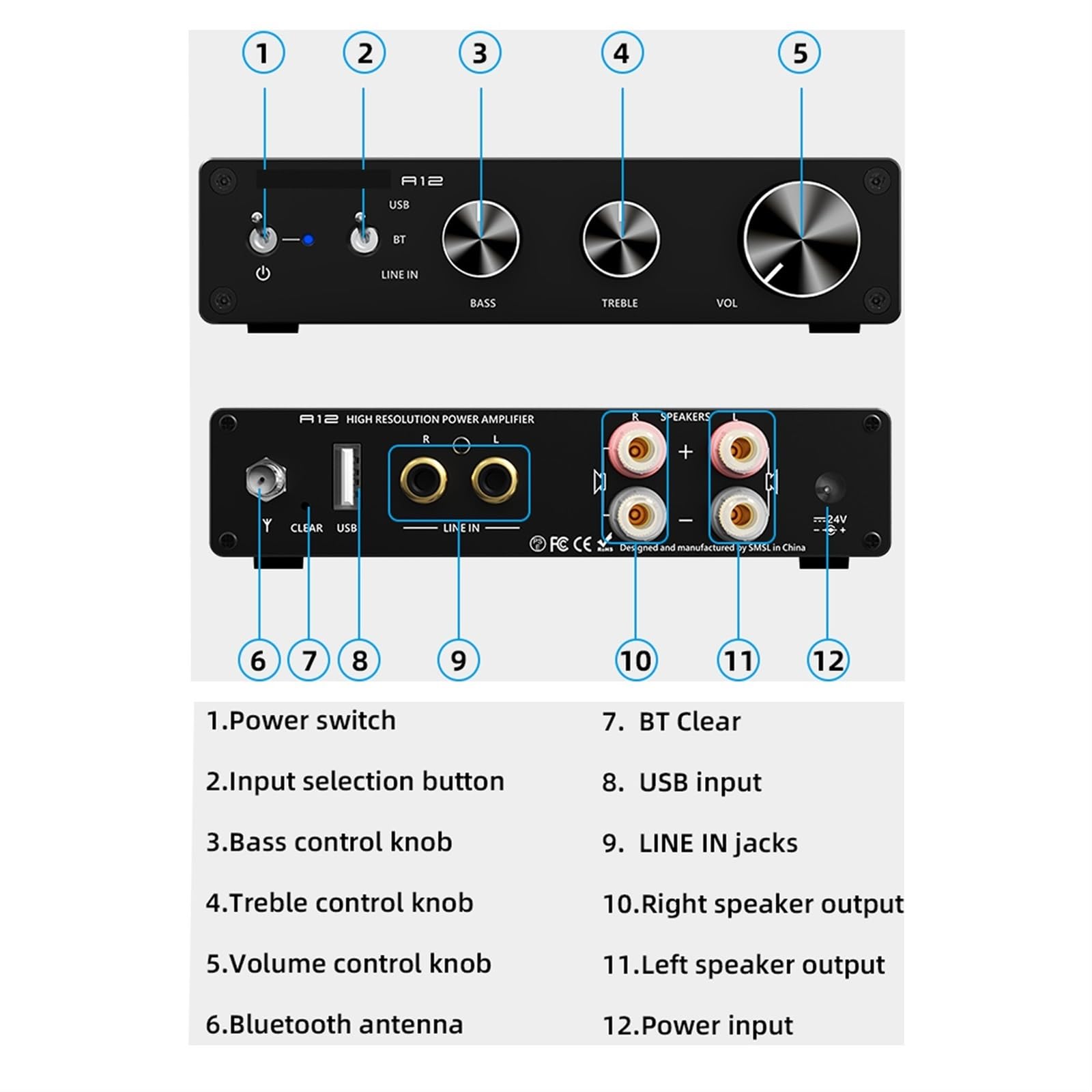 A12 Audio Digtal Hifi Amplificatore di potenza sonora con Amplificatore stereo di classe D Alti e bassi for altoparlanti Home Theater BT5.0 per auto