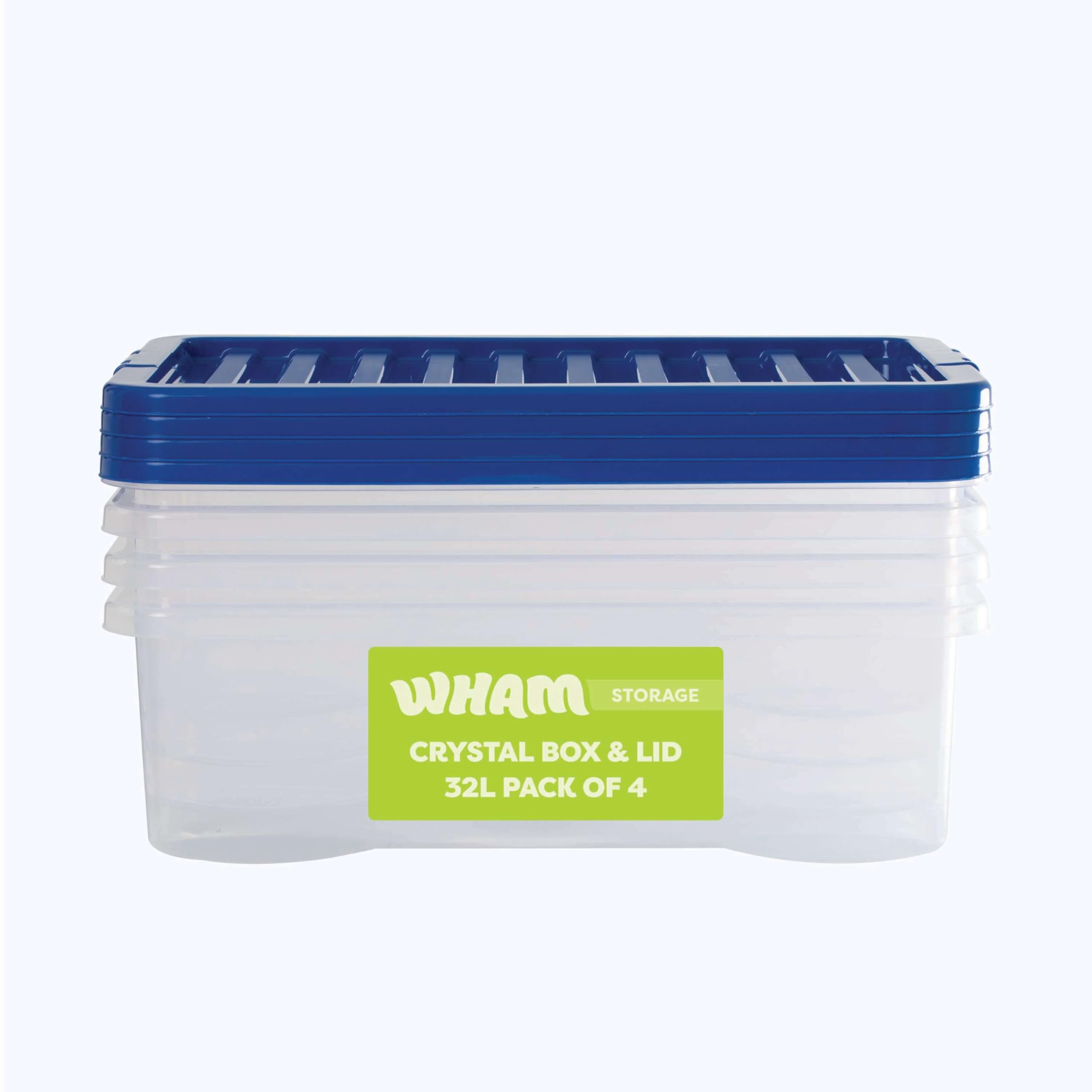 Wham Crystal 32L Stackable Plastic Storage Clear Boxes with Stronger Colour Lids | Ideal for Home, Office, Toys & More | Medium Boxes (Pack 4, Blue Lid)