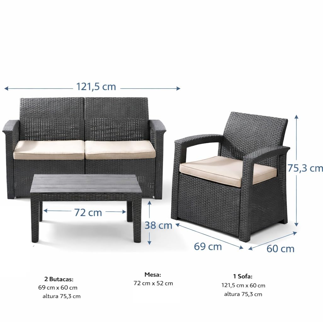 MUEBLIX.COM - Conjunto de Jardín Raeiros, Sofá de 2 Plazas más 2 Butacas y Mesa, Set de Muebles de Jardín Exterior para 4 Personas, Cojín de Tela, Polipropileno con Acabado Ratán, Gris