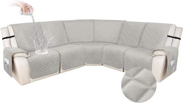 HDCAXKJ 100% Waterproof Velvet Recliner Sectional Couch Covers L Shaped Corner Reclining Sofa Cover Washable Thick Non Slip Sectional Slipcover with Pockets 5 Seat Recliner Couch, Light Gray