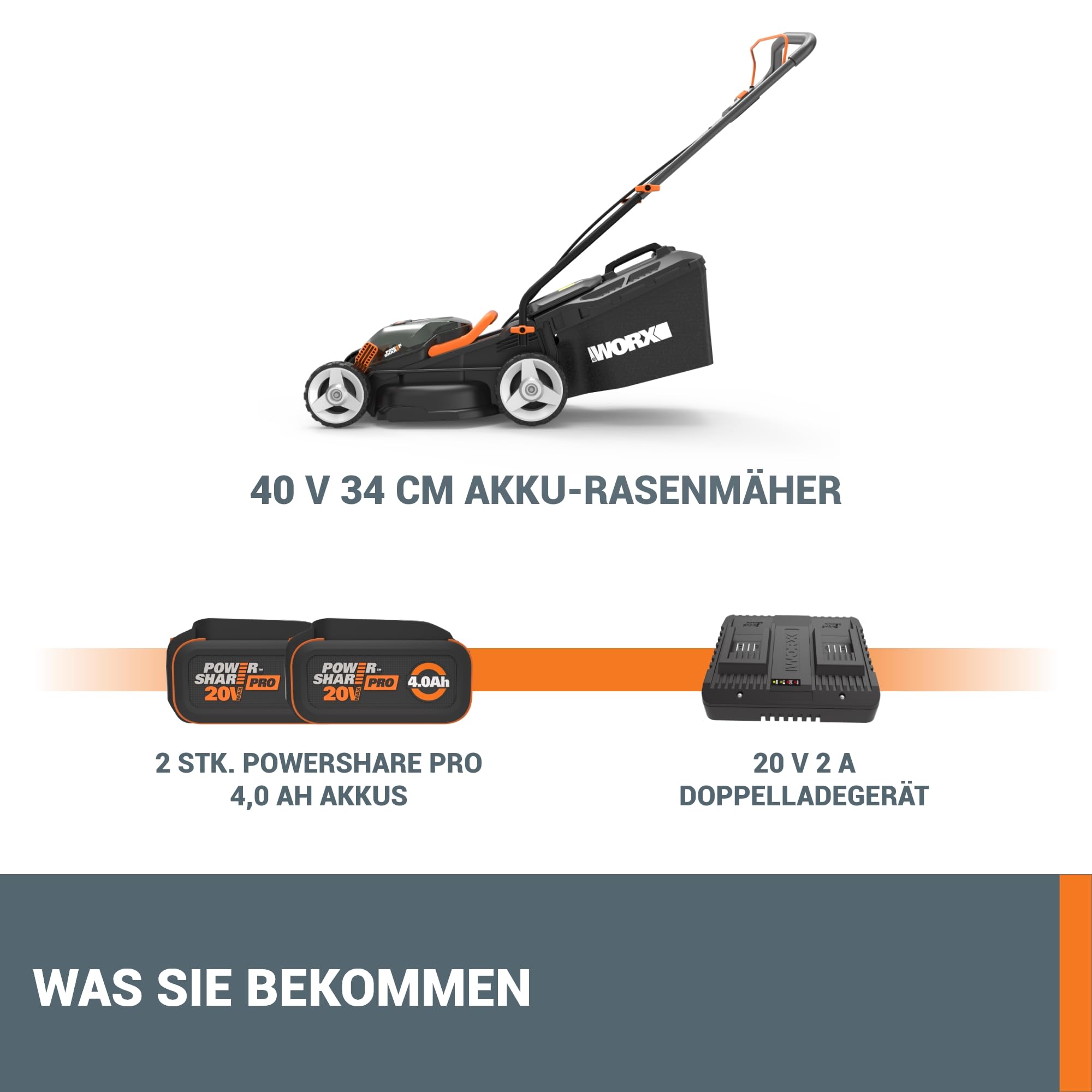 WORX WG779E.1 Akku-Rasenmäher 40V (2 x 20V) - 34 cm Schnittbreite - ideal für Gärten bis zu 460m² - IntelliCut Technologie - einfache Aufbewahrung - inkl. 2x4Ah Akkus & Dual-Schnellladegerät