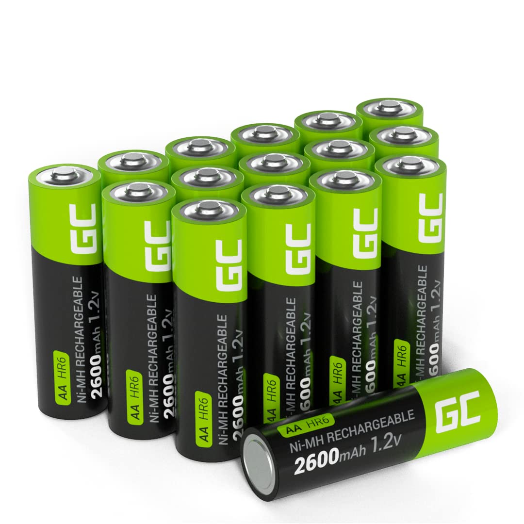 Green Cell Piles Rechargeables AA 2600 mAh 1.2V – Lot de 16, Batteries Ni-MH Haute Capacité, Faible Auto-décharge, Prêtes à l'emploi, Idéales pour Caméra, Télécommande, et Appareils Électroniques