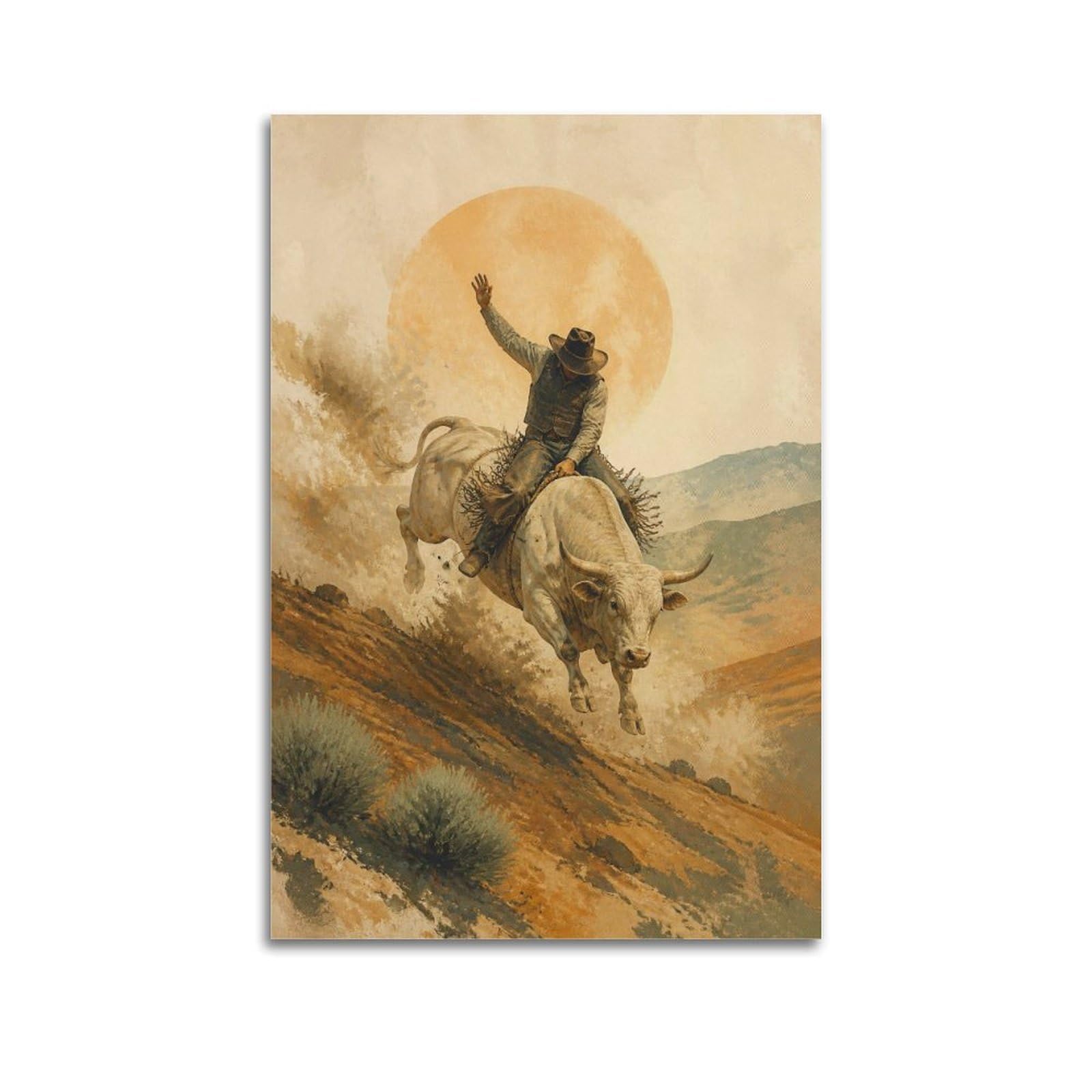 OKAHYS Pale Rodeo Bull Rider Poster Desert Southwestern Western Sports Modern Decorative Canvas Prints - Ideal Wall Art for Family, Man Cave, Game Room, Boys & Girls Bedroom 16x24inch(40x60cm)