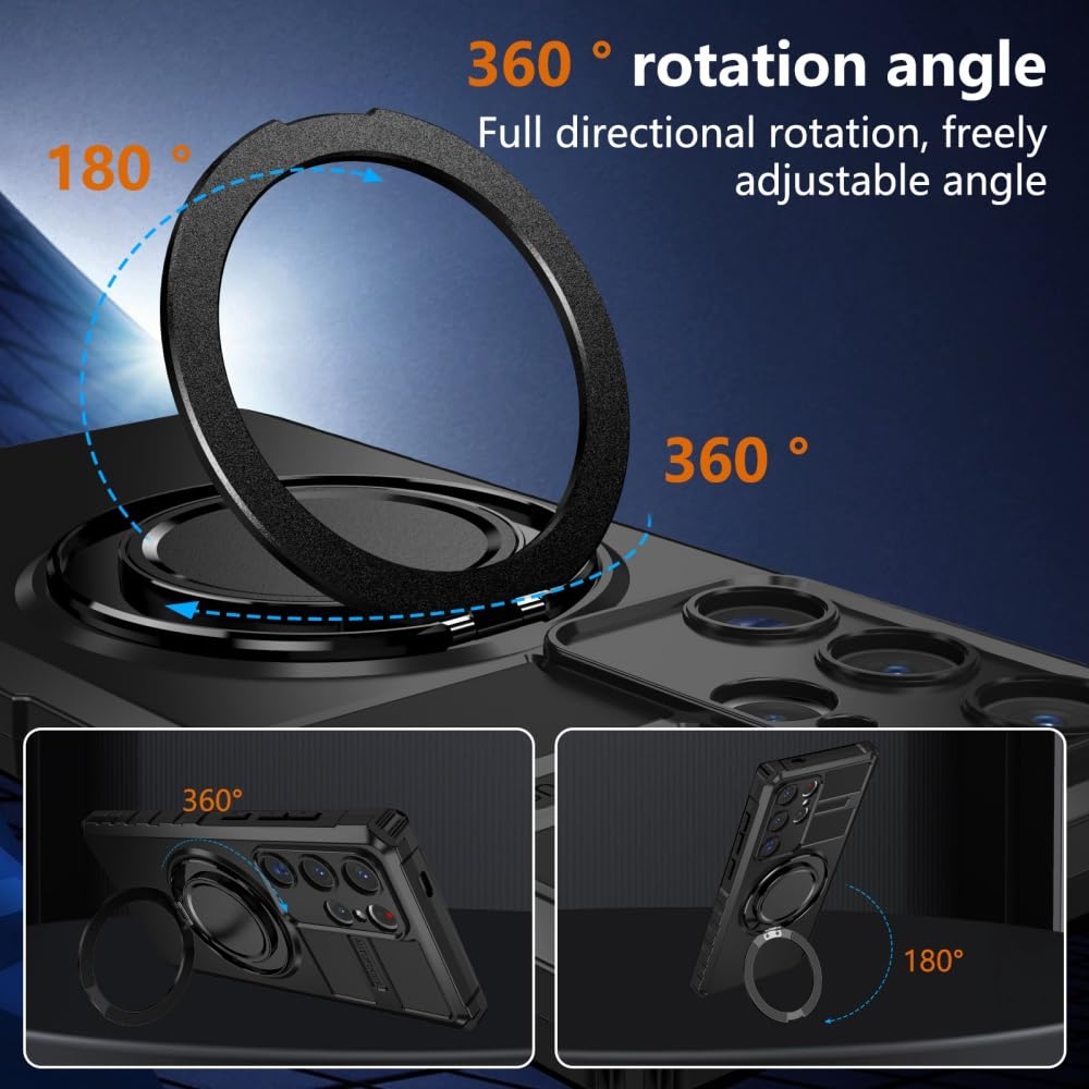 Custodia per telefono con supporto ad anello magnetico per Samsung Galaxy S24 Ultra, girevole a 360° con custodia protettiva antiurto regolabile per Samsung Galaxy S24 Ultra (Nero)