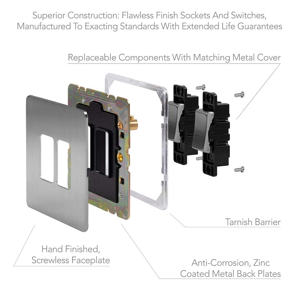 Soho Lighting Brushed Chrome Flat Plate Dimmer and Rocker Switch Combo Blk Ins Screwless (2 Way Switch & Trailing Dimmer) - Image 3