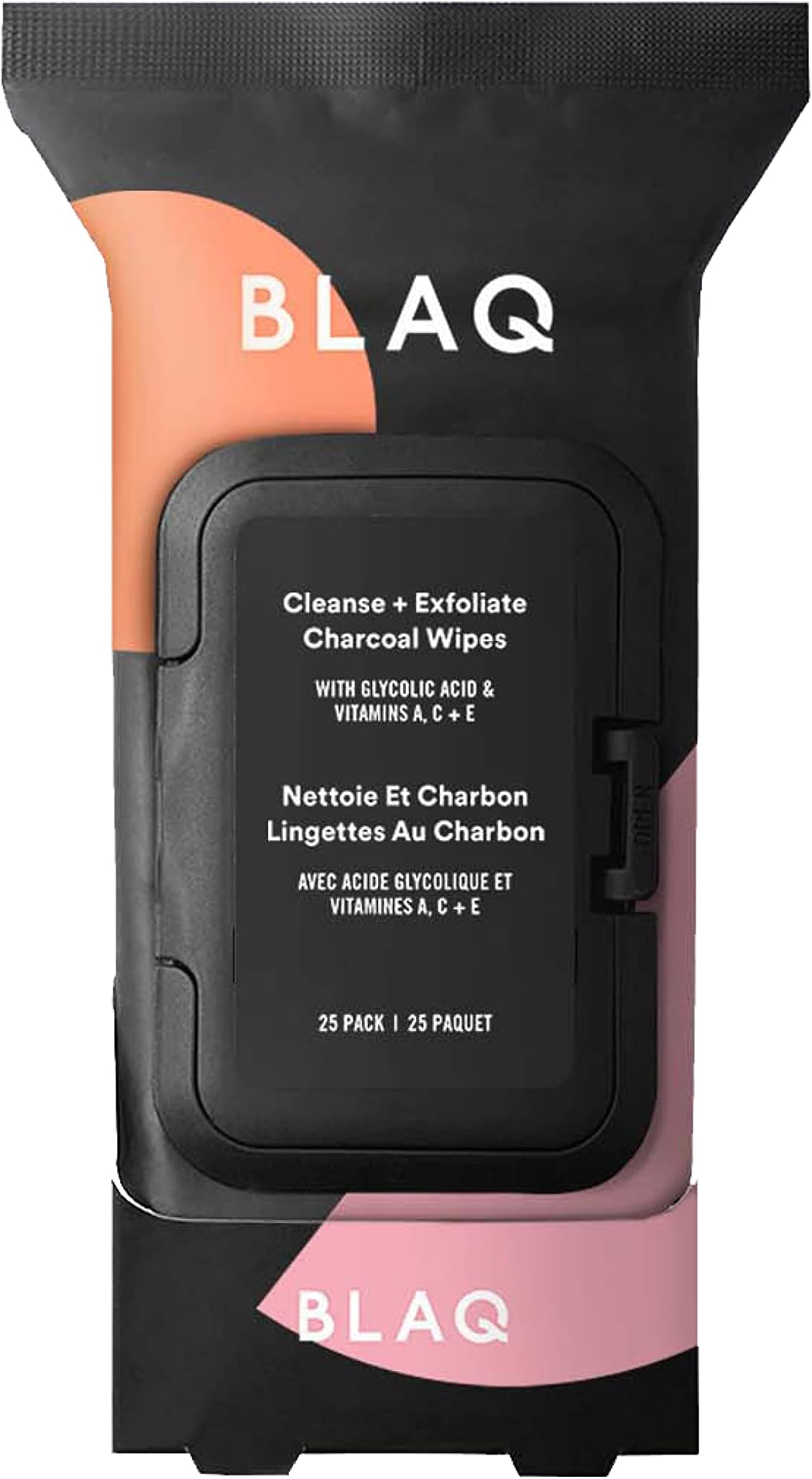 BLAQ Activated Charcoal Face Wipes - Dual Sided Charcoal Facial Cleansing Cloths - Makeup Remover, Exfoliating AHA boosted, Pore Cleansing for Acne Prone Skin - Travel Size Face Wash Cloth - 25 pcs