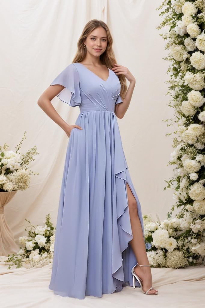 V Neck Long Bridesmaid Dresses for Wedding Ruffled Chiffon Evening Formal Gown with Slit