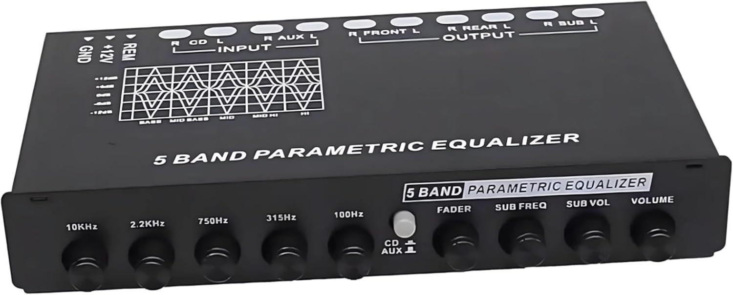 Car Sound Equalizer 5-Band With Built-In Amp, Adjustable Subwoofer Control, Compact Metal Frame, Supports Aux And Cd Inputs For Upgraded Sound