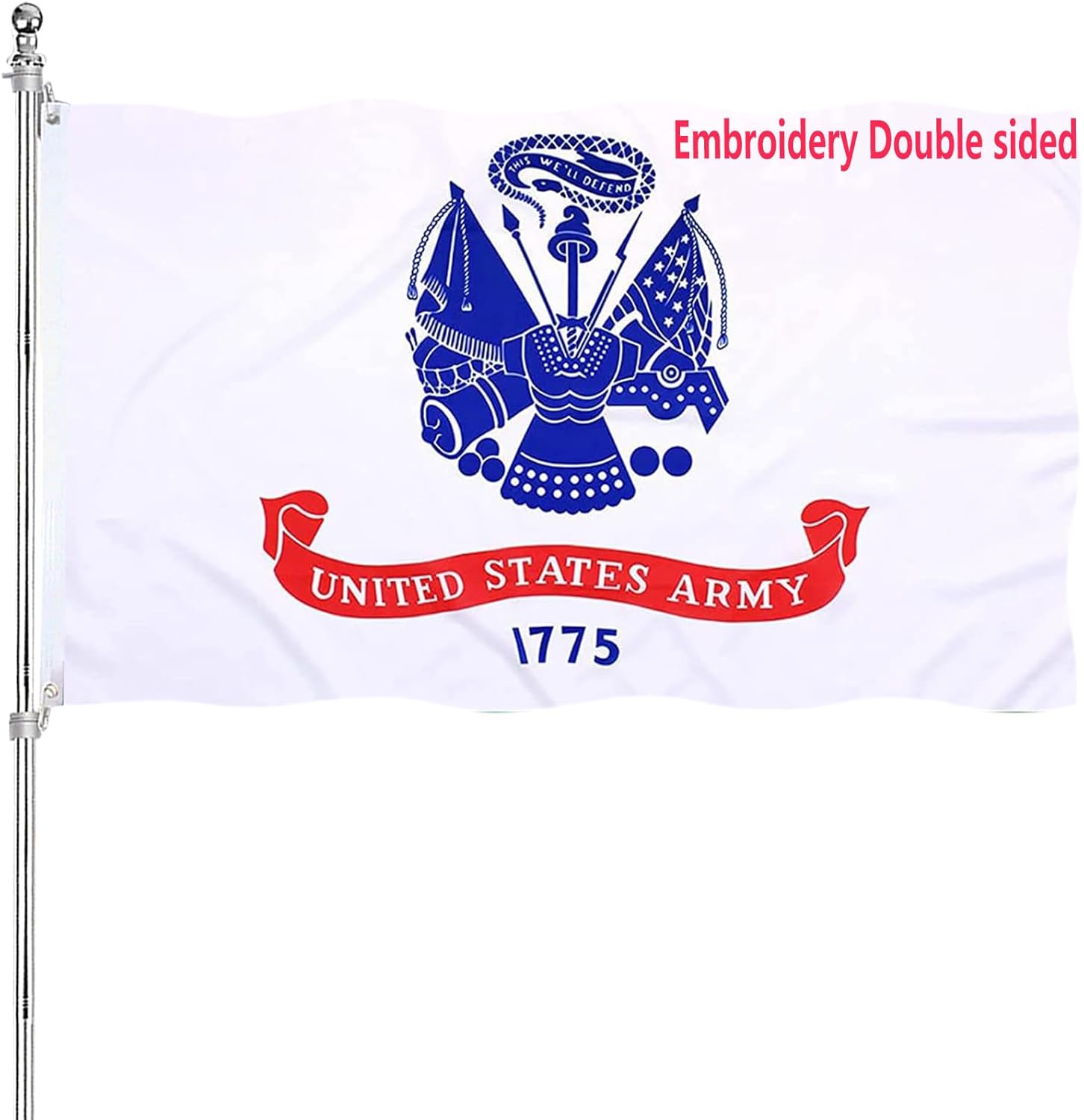 Army Flag Embroidery 3x5 Double Sided White Heavy Duty United States Military Flag Army 1775 Heavy Duty Durable Oxford Cloth Header with 2 Brass Grommets 4 Rows Stitched Edge Army Flags