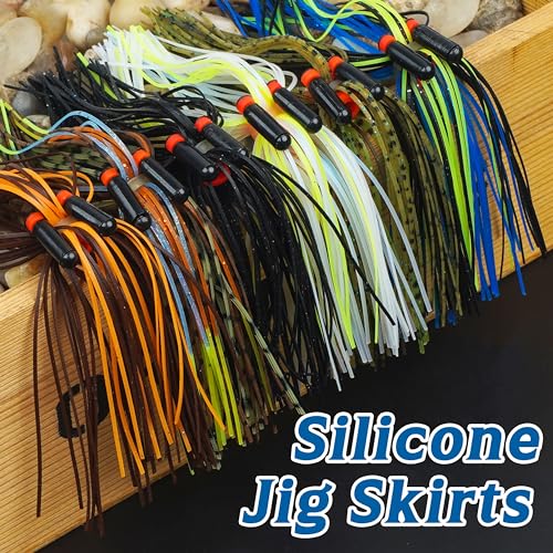 Silicone Jig Skirts Replacement Fishing Skirts with Tube Rattles for Spinnerbaits Bass Fishing Jigs DIY Lures Buzzbaits Fishing Bait Accessories Quick Change Squid Jig Skirts (12PCS)