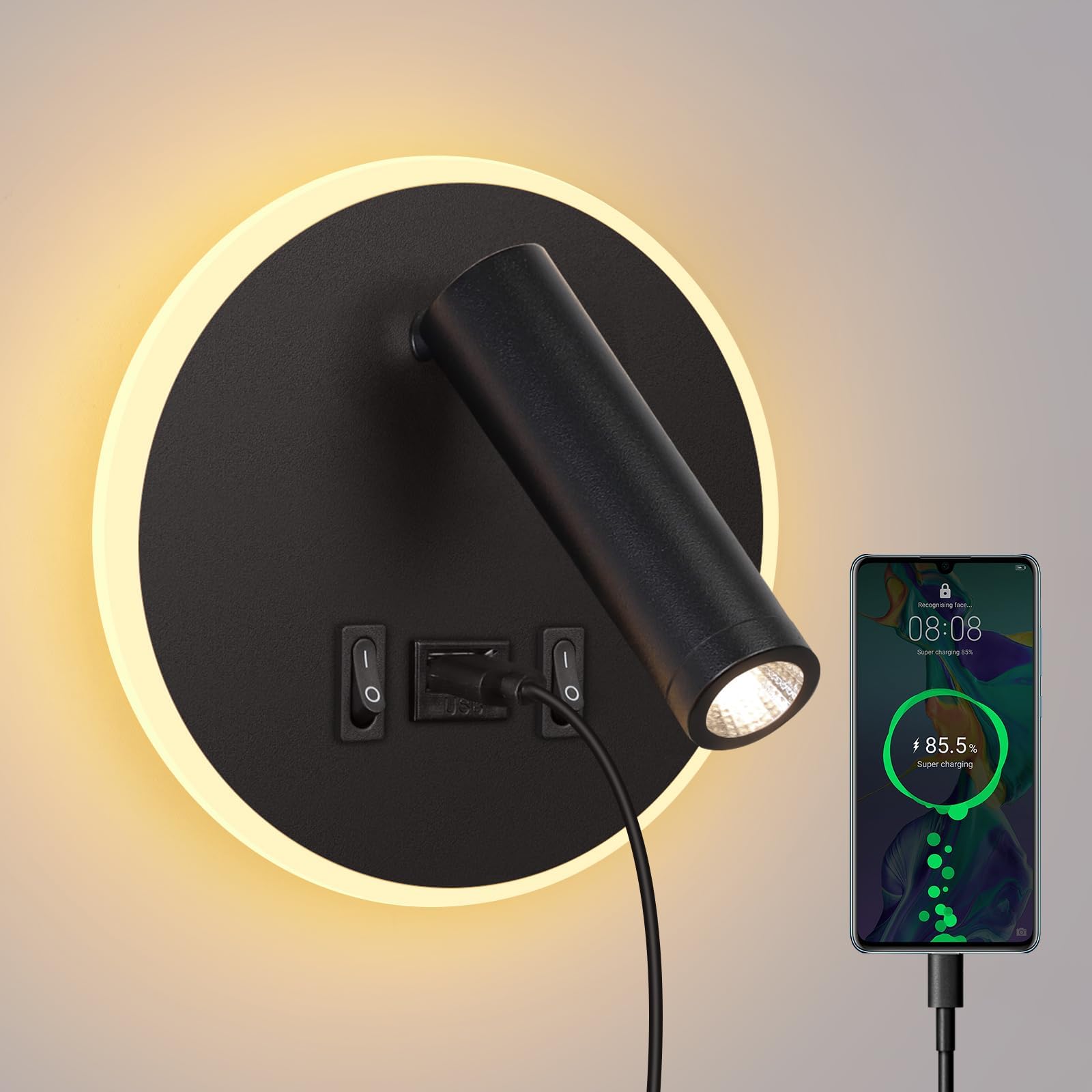 Alpinaluz LED-wandlamp, kantelbaar, 6 W, zwart, met verstelbare kleurtemperatuur (3000 K/4000 K/6000 K), schakelaar, USB-oplaadaansluiting type C en A, aluminium beugel 14 cm voor hoofddelen en