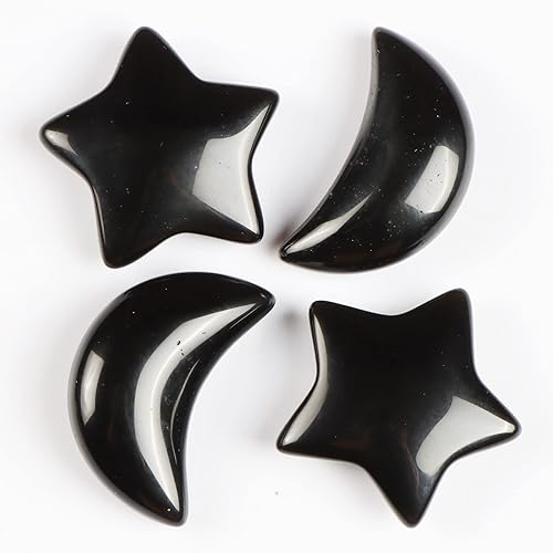 4 piezas de cristales de obsidiana negra, estrella, luna, piedras preciosas a granel, piedras preciosas de bricolaje para meditación y regalos