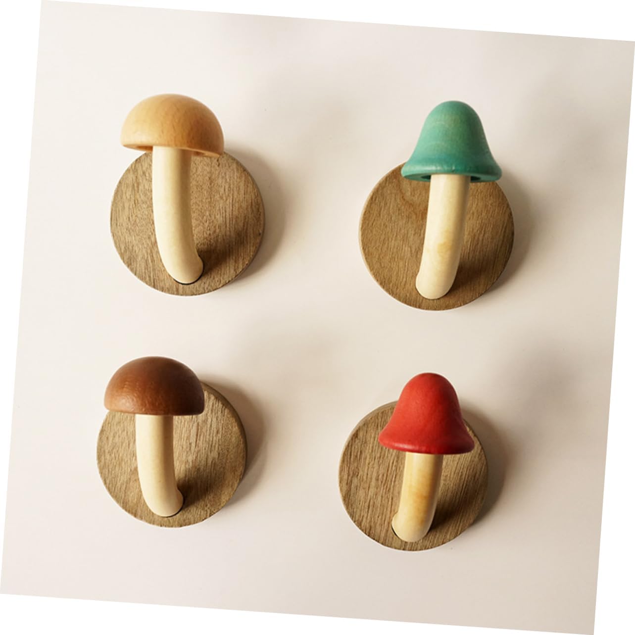 4pcs Decorative Mushroom Wall Hooks Wood Coat Hangers No-Drill Adhesive Creative Nordic Style for Bathroom Kitchen and Home Decor